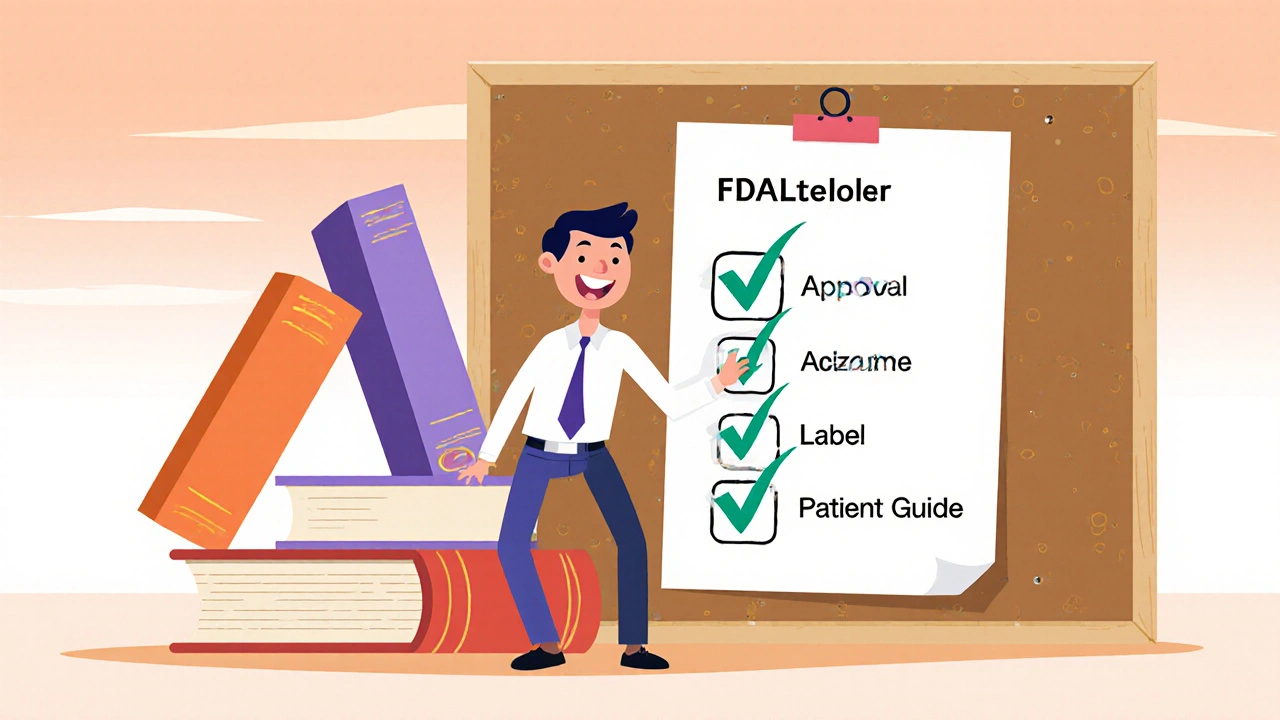 Analyst checking a list beside stylized books representing FDALabel, Orange, and Purple Books.