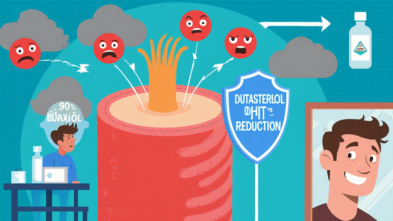 Cartoon hair follicle showing dutasteride blocking DHT and hair regrowth, with a man looking in a mirror.