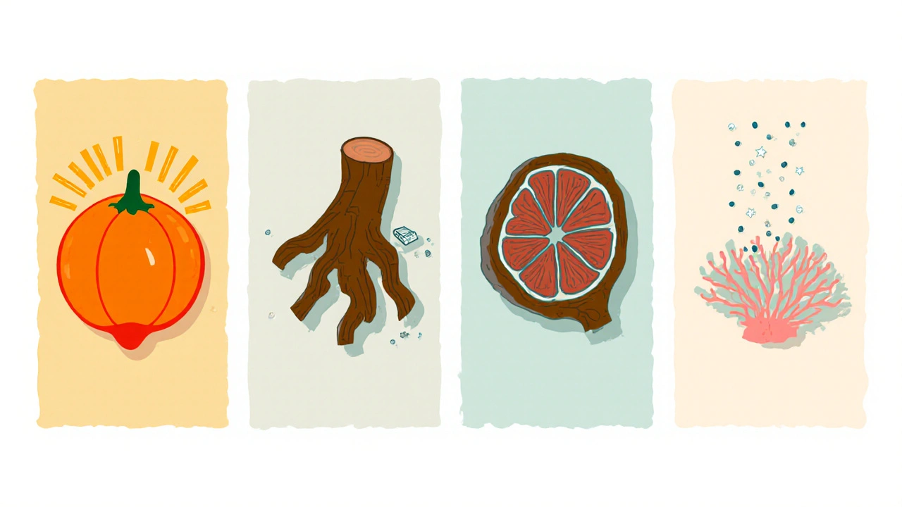 Cartoon panels showing Amla, Sarsaparilla, Lodh bark, and coral with their health benefits.