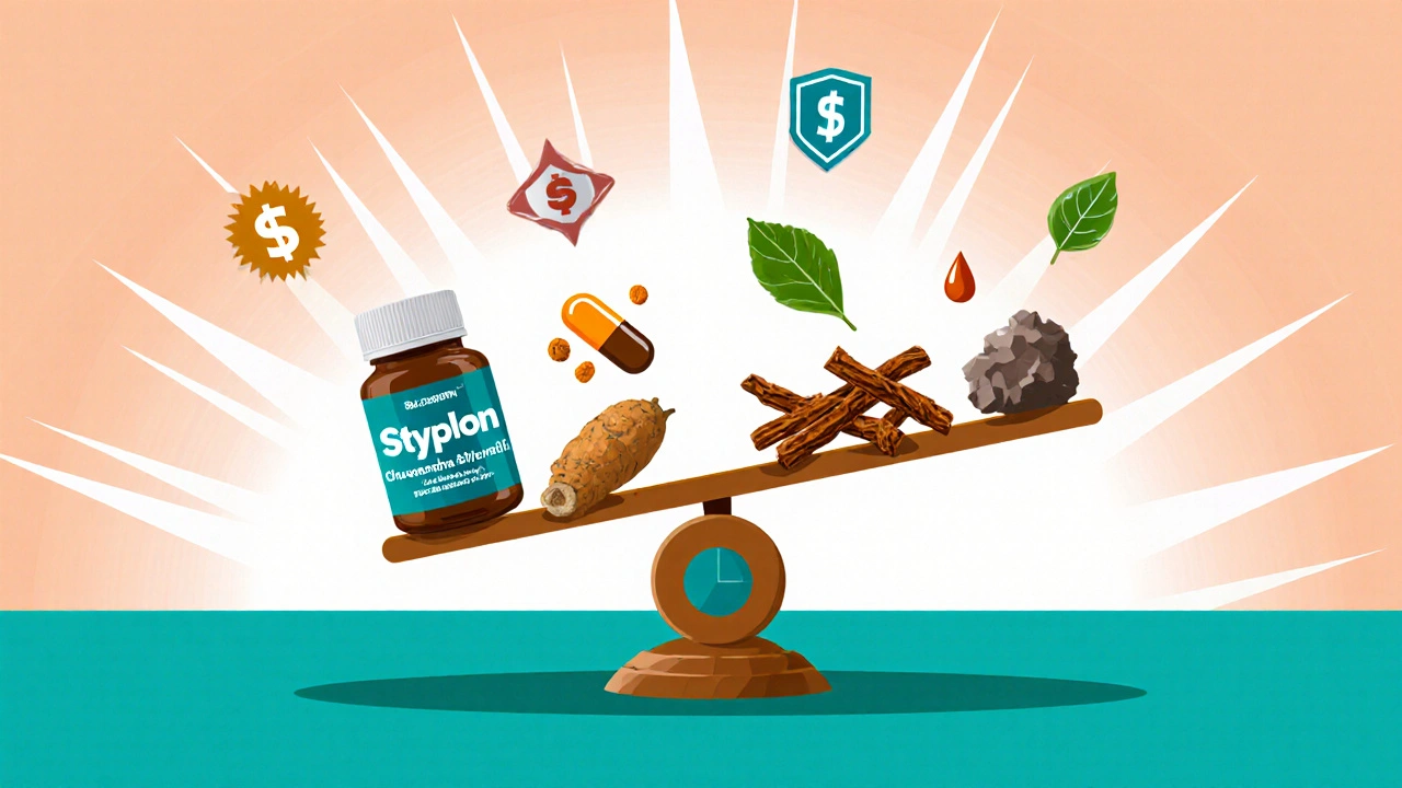 Cartoon scene of a scale comparing Styplon to four other joint supplements.