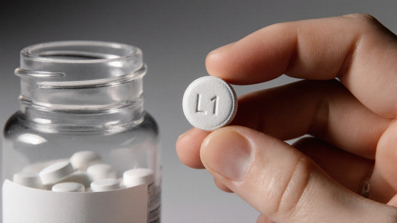 Close-up of a generic lorazepam tablet with imprint and bottle.