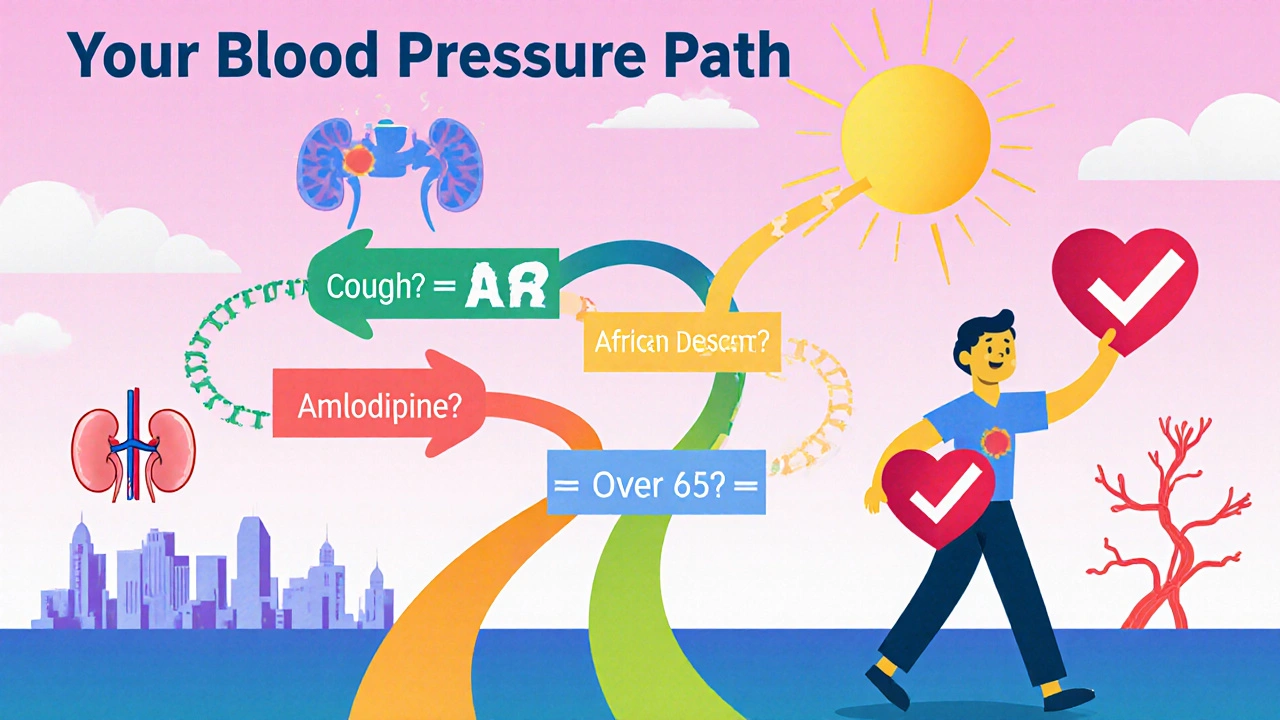 Colorful flowchart guiding patients to the right blood pressure medication based on their needs.