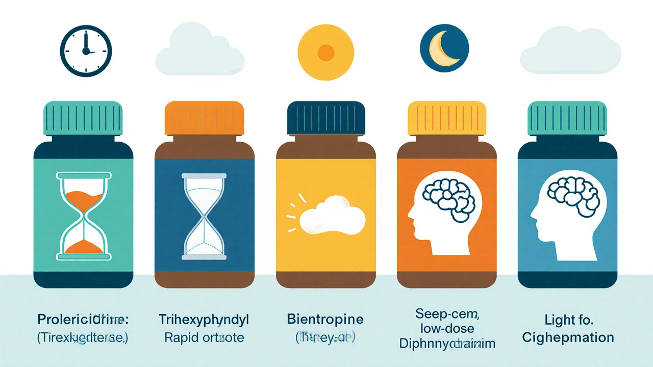 Colorful lineup of anticholinergic pill bottles with icons showing onset, half‑life, and side effects.