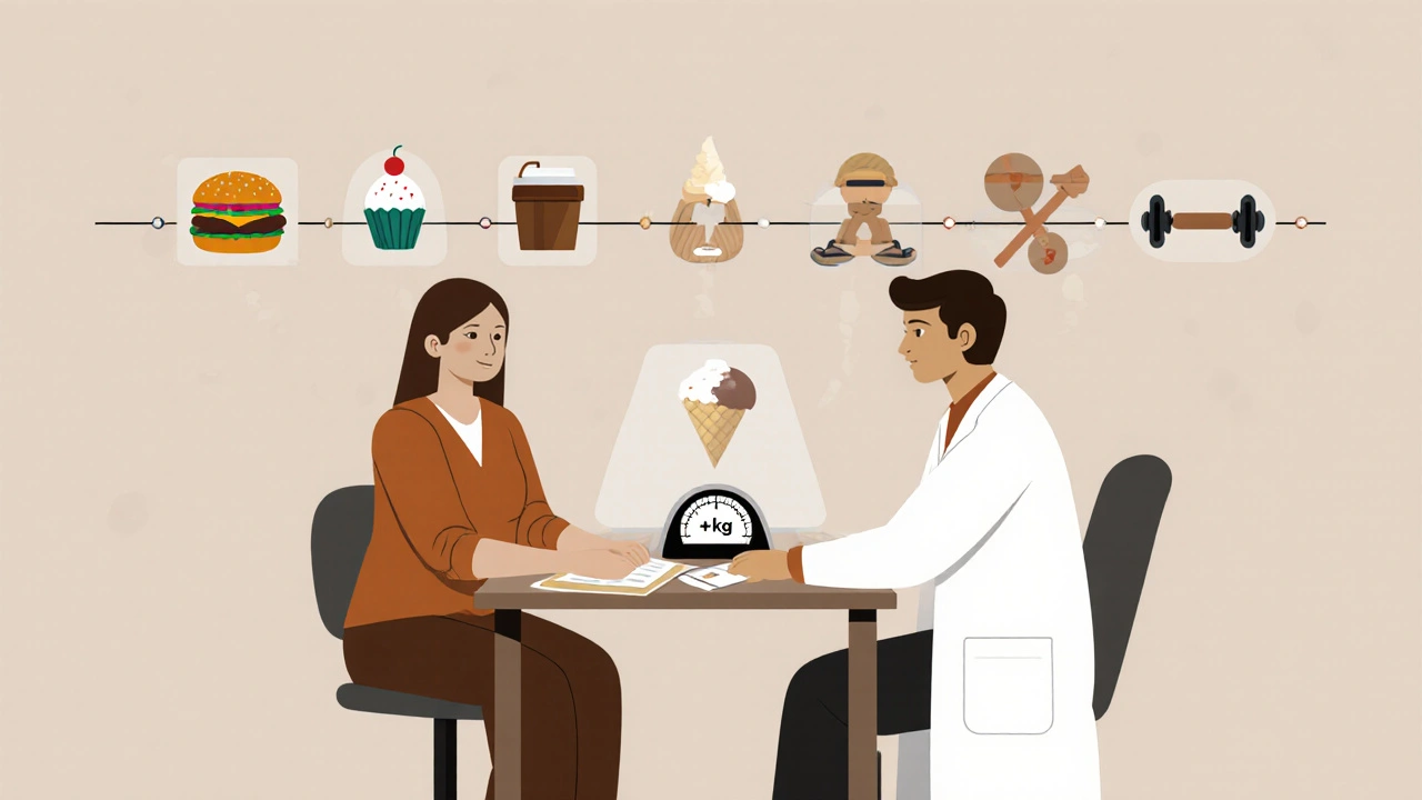 Doctor and patient at a table with a scale showing weight gain, behind them a timeline of pills turning into food or fitness tools.