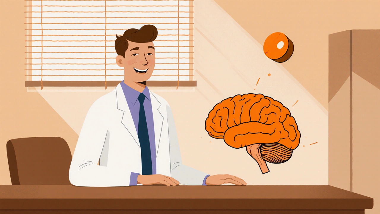 Doctor showing a cartoon brain with highlighted prefrontal cortex and a pill.