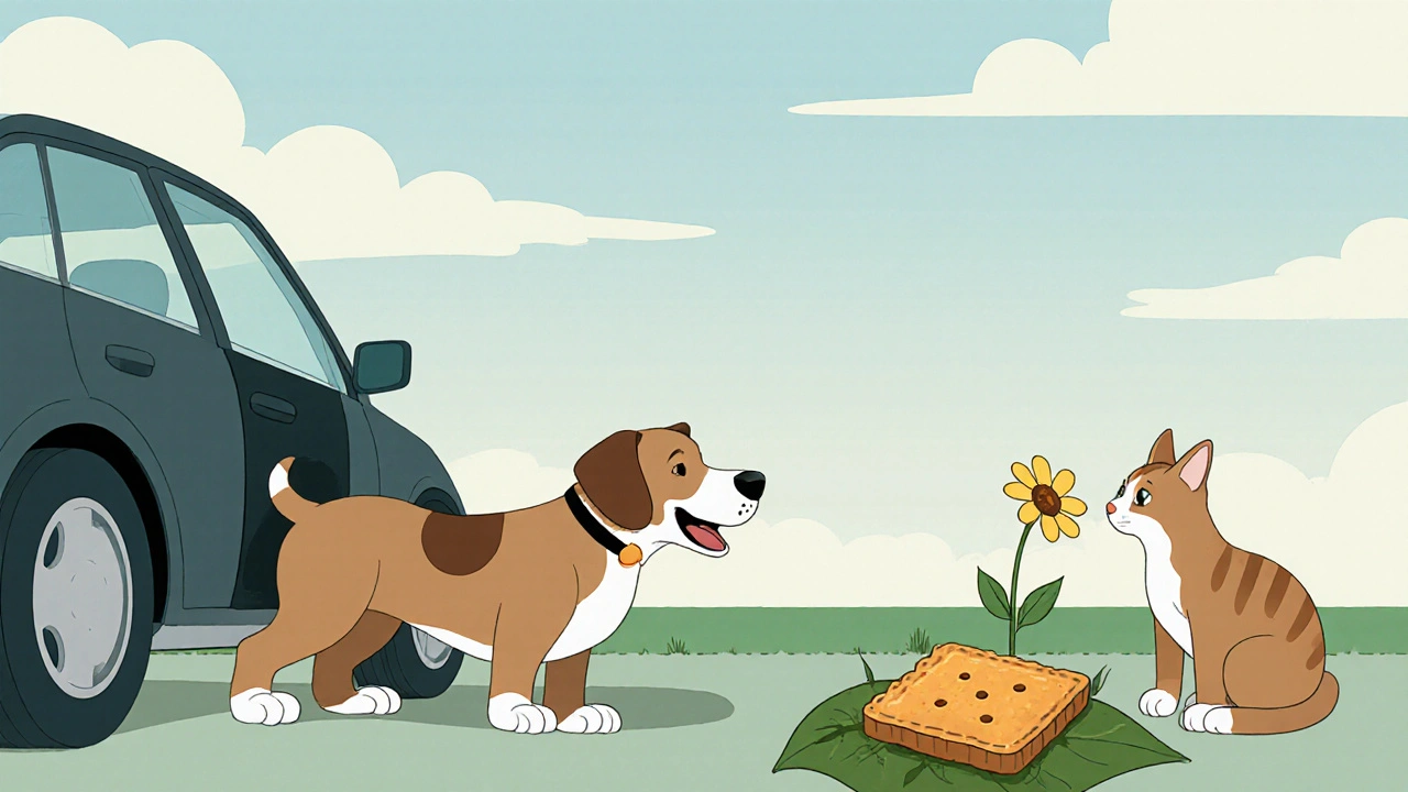 Dog stretching and cat sniffing a ginger biscuit during a sunny road break.