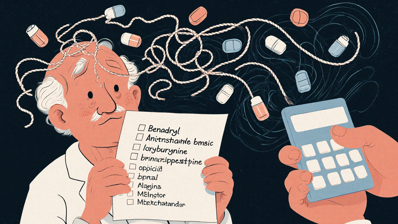 Elderly person surrounded by tangled medication ropes pulling them into confusion fog