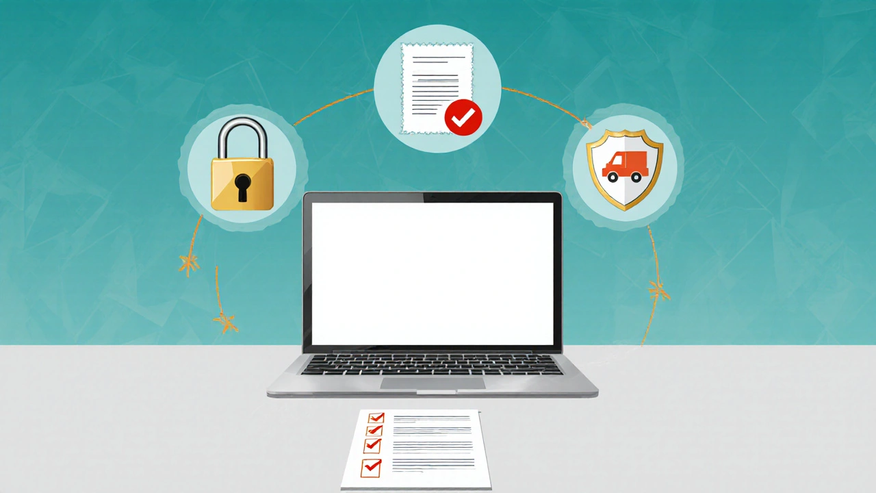 Flat illustration of laptop surrounded by icons for security, prescription, verification, and shipping.