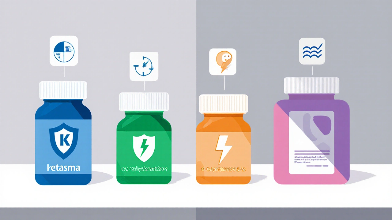 Flat illustration of pharmacy counter with five colored pill bottles and icons indicating effects.