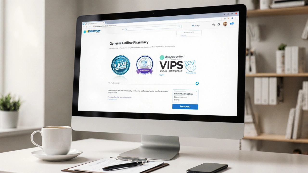 Home office view of a verified online pharmacy website with accreditation logos.