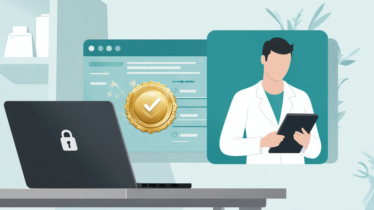 Illustration of a laptop screen showing a padlock and verification badge with a pharmacist nearby.