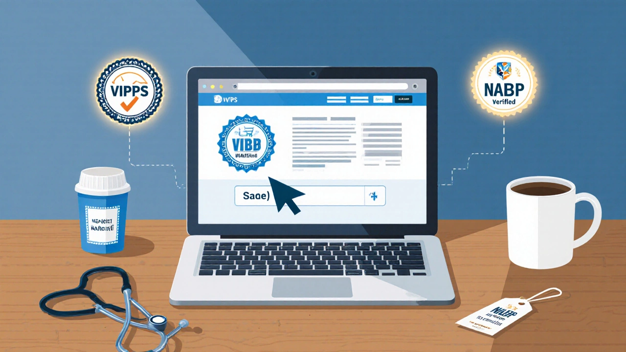 Laptop screen showing pharmacy badges and an add‑to‑cart button, with desk accessories.
