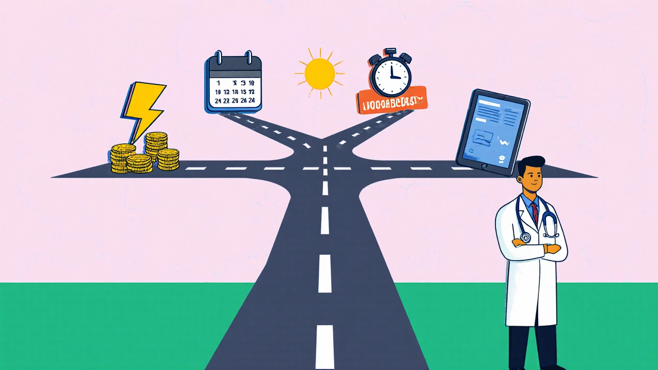 Man at a crossroads with visual symbols for fast onset, long duration, budget, and Abhigra, observed by a doctor silhouette.