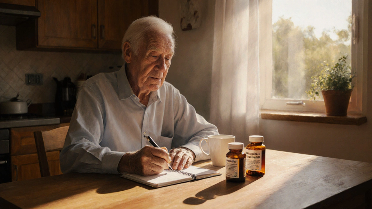 Older person and doctor reviewing medication options at a bright kitchen table.