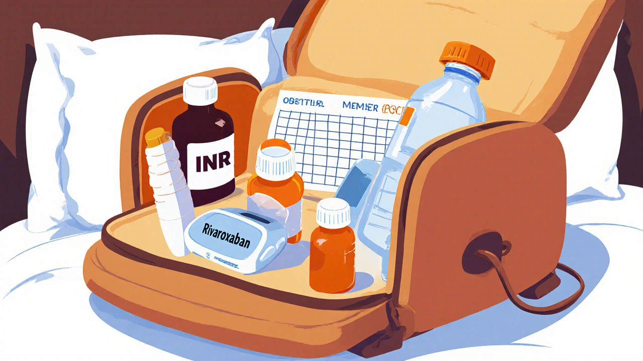 Open carry-on bag with medication, INR monitor, and compression stockings.