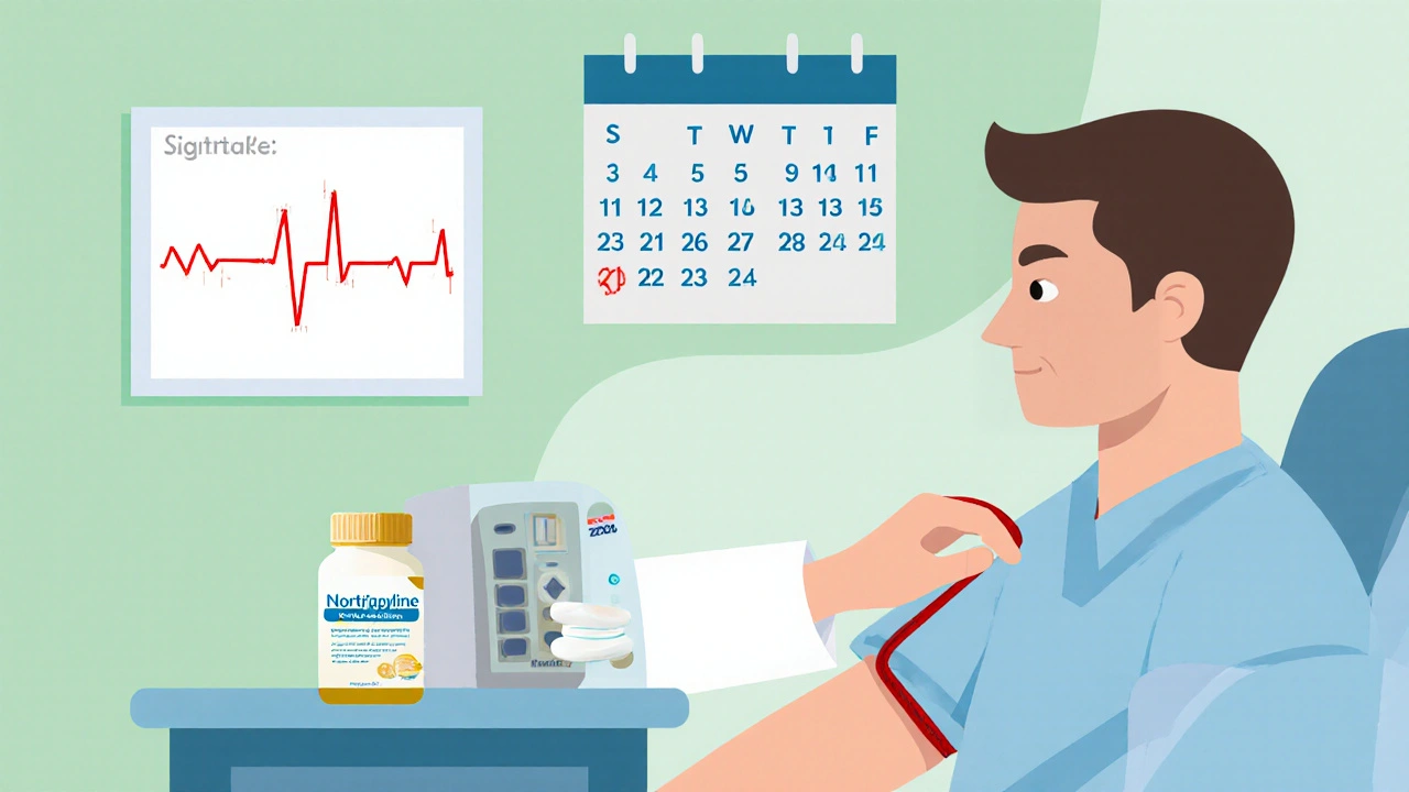 Patient being monitored with ECG, doctor checking pulse, and a medication bottle nearby.