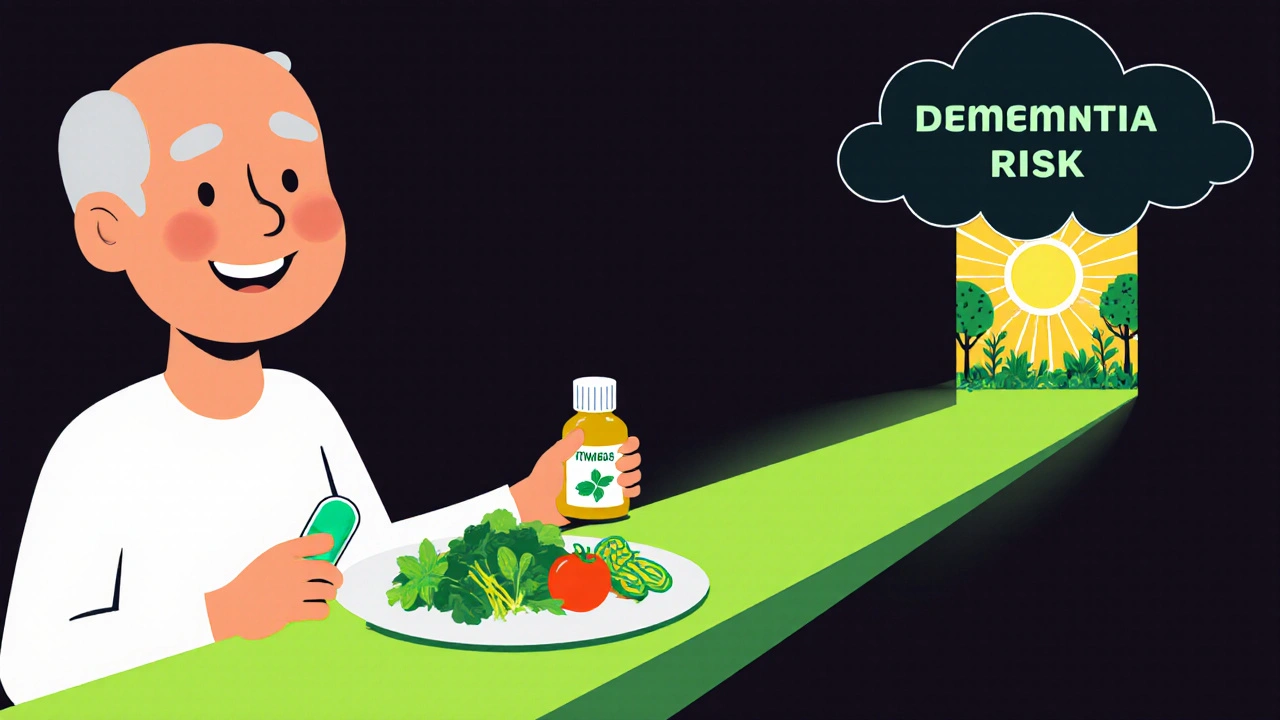 Patient swapping pills for peppermint capsules and healthy food, walking toward sunlit gut health