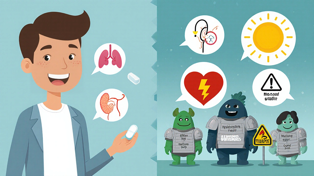 Patient with pill beside icons of tendon, heart, sun, and resistant bacteria showing side‑effects and resistance.