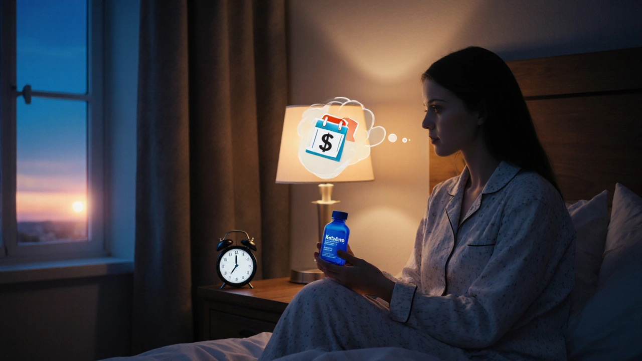 Person in pajamas holding Ketasma bottle at night, clock showing 10 PM, dawn light entering window.