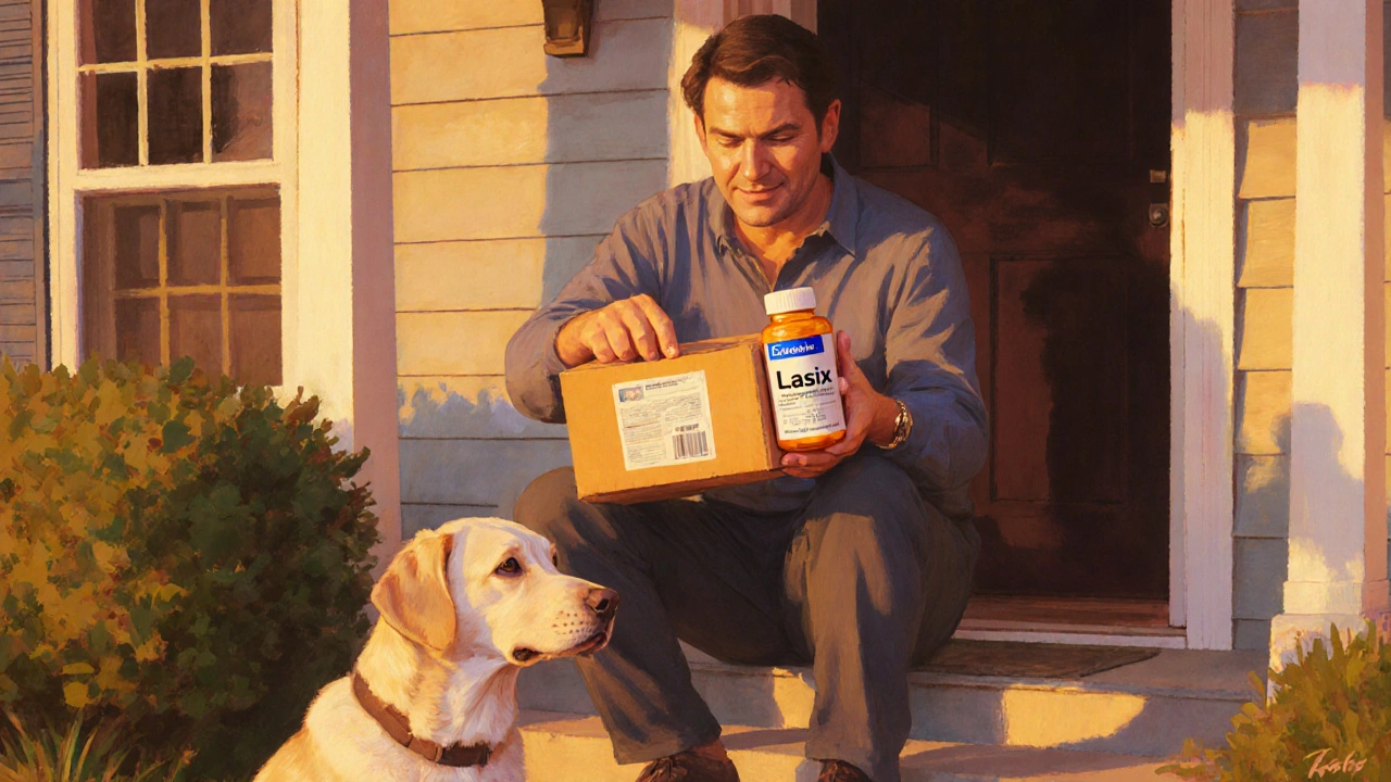 Person opening a parcel with a Lasix bottle at a front door at sunset.