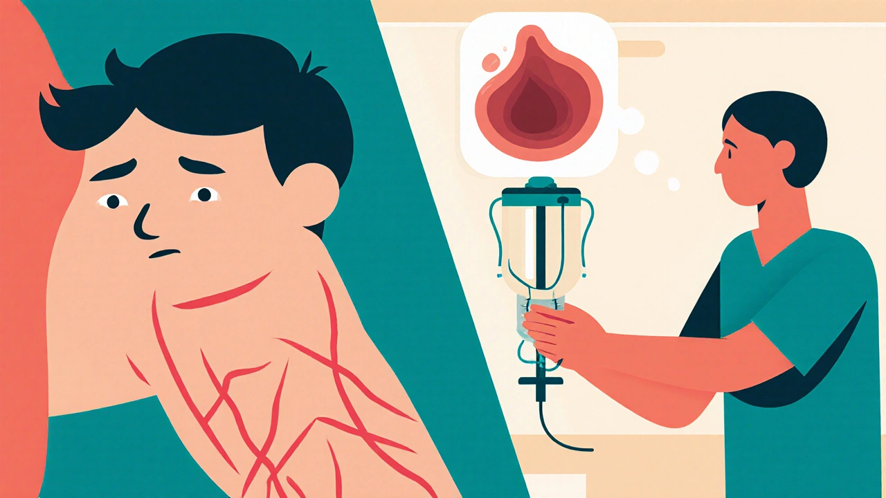 Person with leg swelling being treated in hospital emergency room.