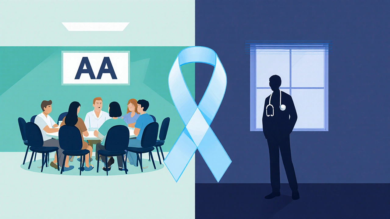 Side‑by‑side AA meeting and medical office linked by a subtle ribbon.