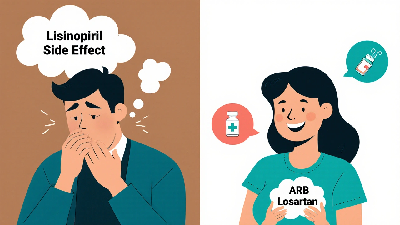 Side-by-side cartoon showing cough side effect from lisinopril versus clean air with losartan.
