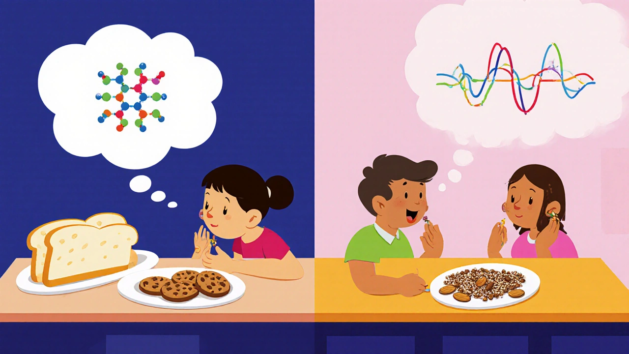 Split scene showing someone eating unhealthy carbs versus healthy meals, with serotonin waves illustrating the difference.