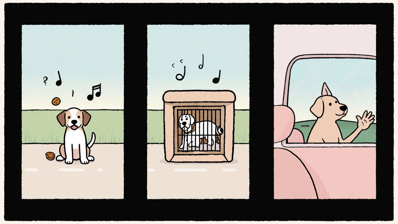 Three cartoon panels showing a pet's gradual comfort with short car rides.