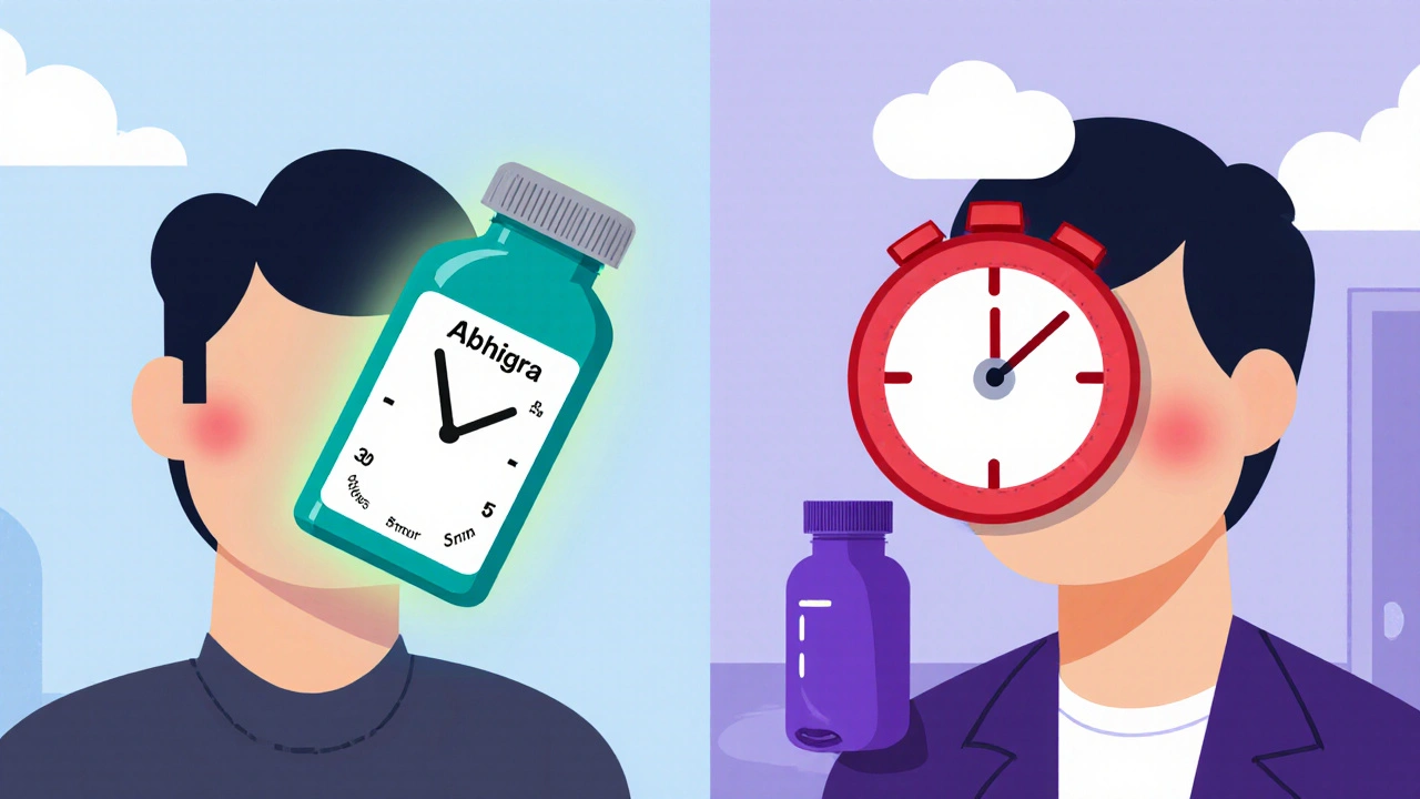 Two scenes comparing onset times: a clock for Abhigra and a stopwatch for Stendra with subtle side‑effect icons.