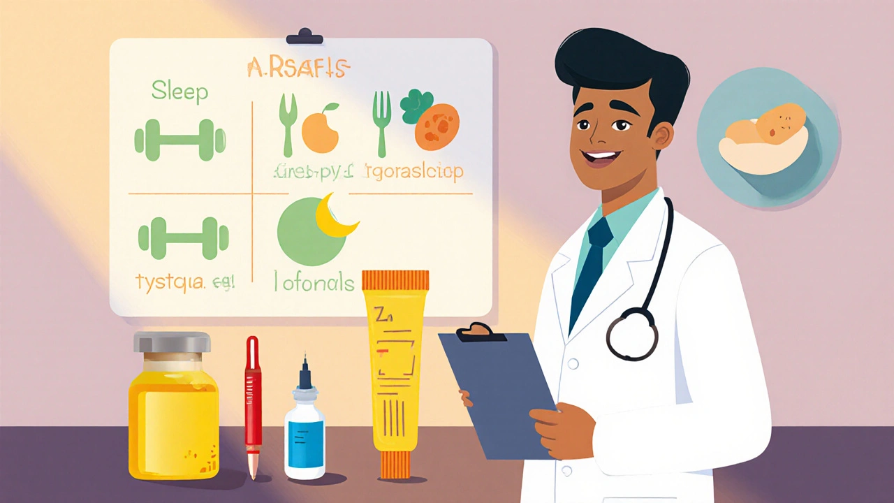 UPA cartoon of a doctor with hormone treatments and lifestyle icons.