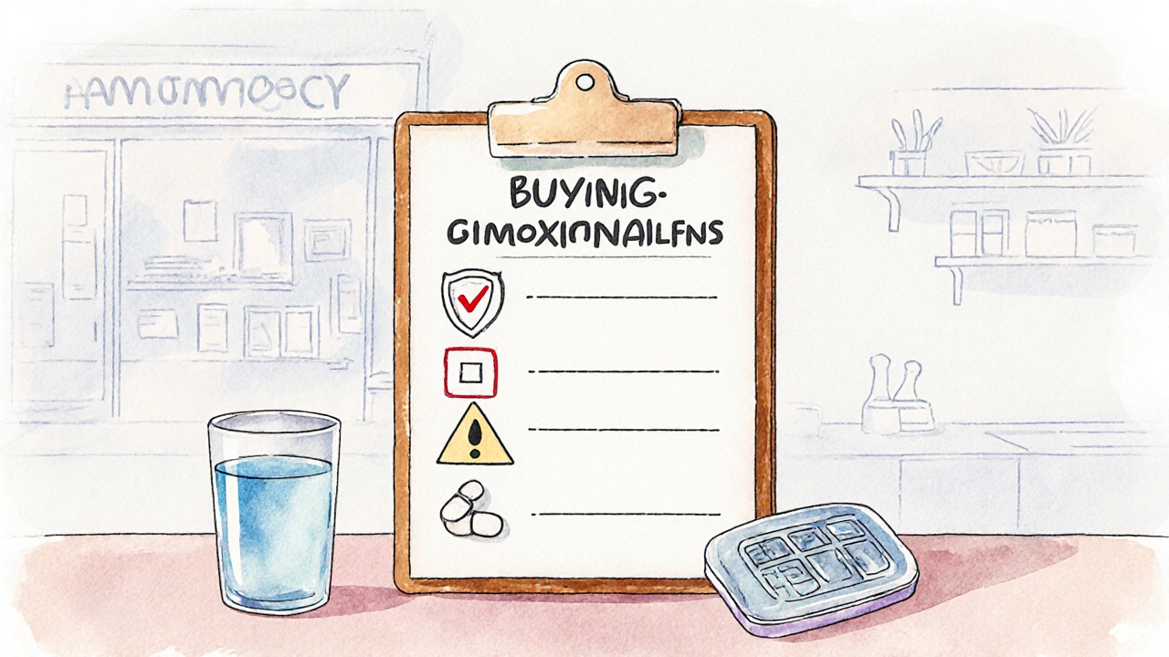 Watercolor checklist with icons for capsule, safety shield, and warning, next to a glass of water.