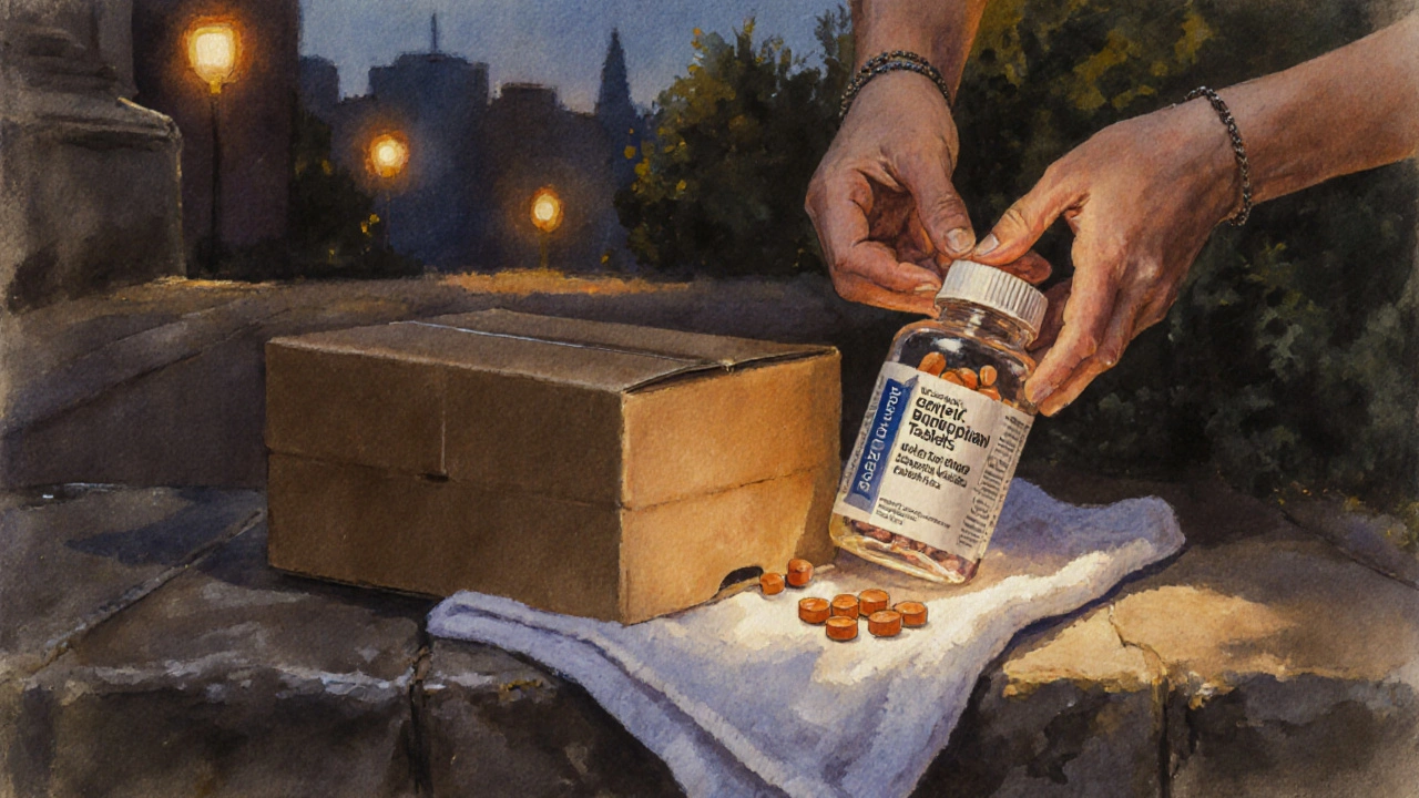 Watercolor of a doorstep with an unmarked box opened to reveal a prescription bottle and pills.