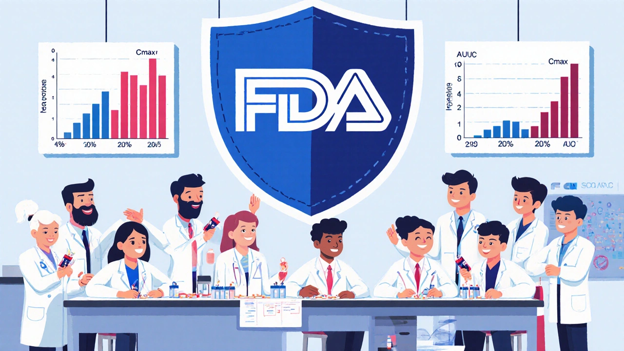 24 volunteers in a lab having blood drawn while floating graphs show drug absorption within FDA limits.