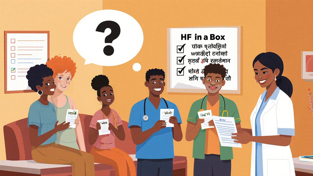 A diverse group of patients in a clinic with a checklist and health worker helping them understand heart failure meds.