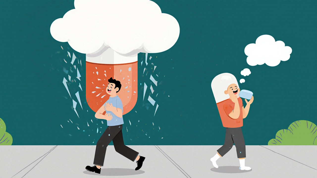 A man struggling with nausea from metformin, while a calmer version takes the extended-release version.