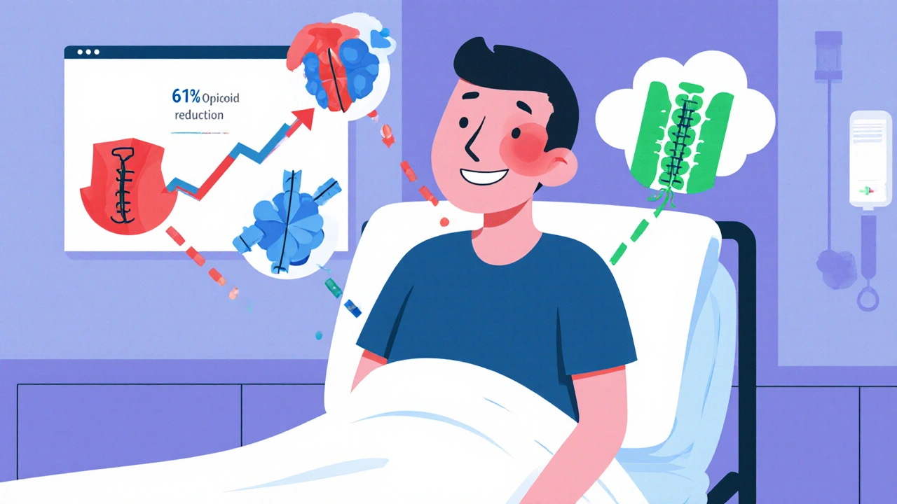 A patient receives pain relief from a nerve block, cold pack, and mindfulness cloud, with a reduction graph in background.