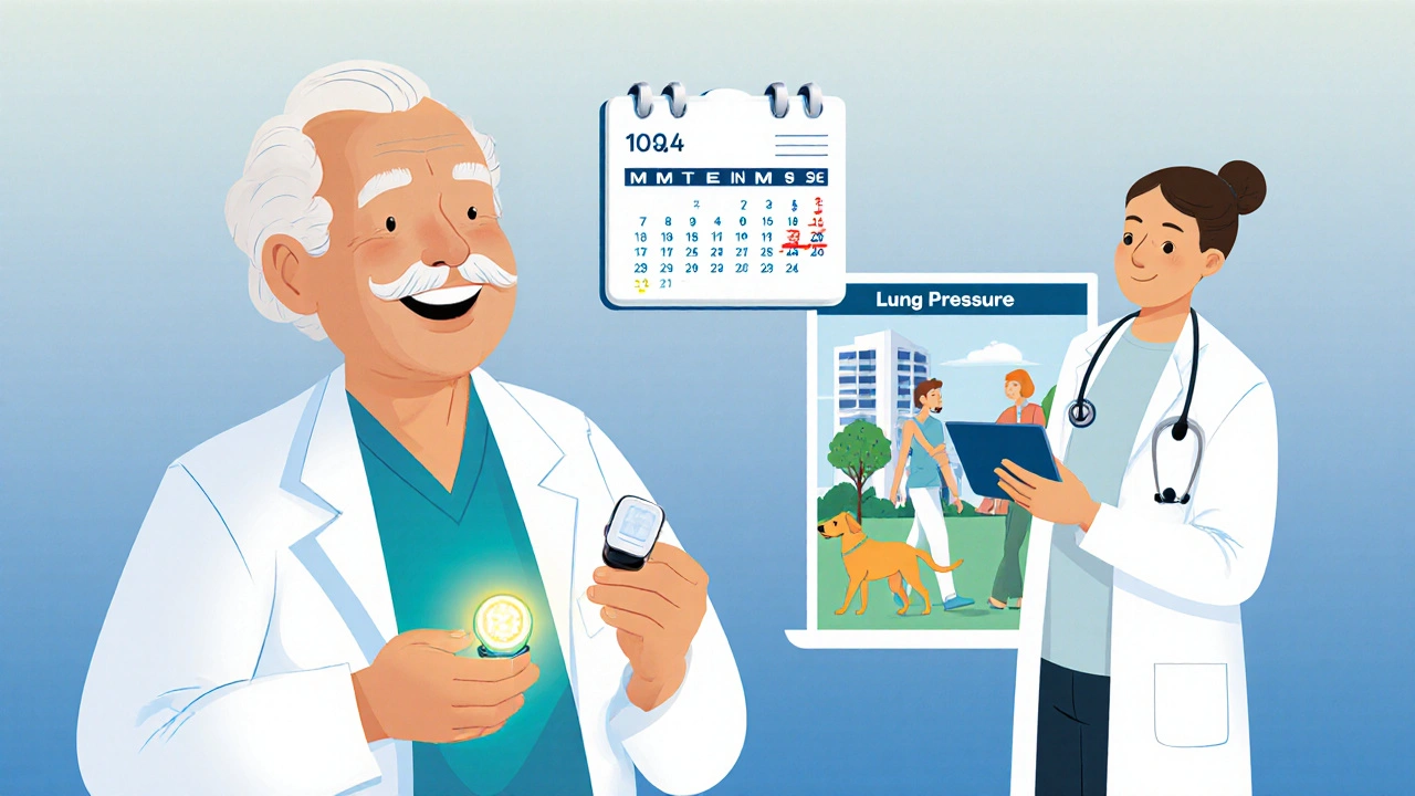 An elderly person with a tiny sensor glowing on their chest, monitoring lung pressure as they walk in a park.