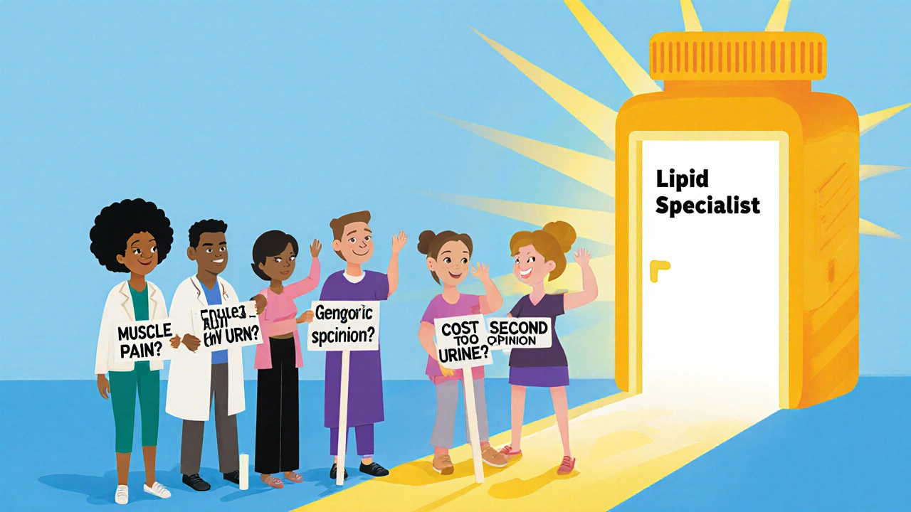 Diverse group of patients hold advocacy signs leading toward a specialist door with a glowing path.