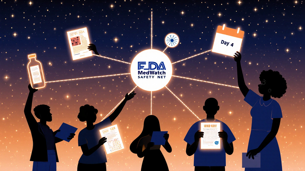 Diverse group of people contributing reports to a central safety network with glowing connections.