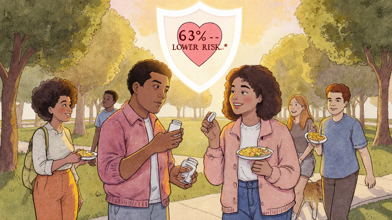 Diverse people in a park protected by a heart risk-reduction shield, UPA illustration style.
