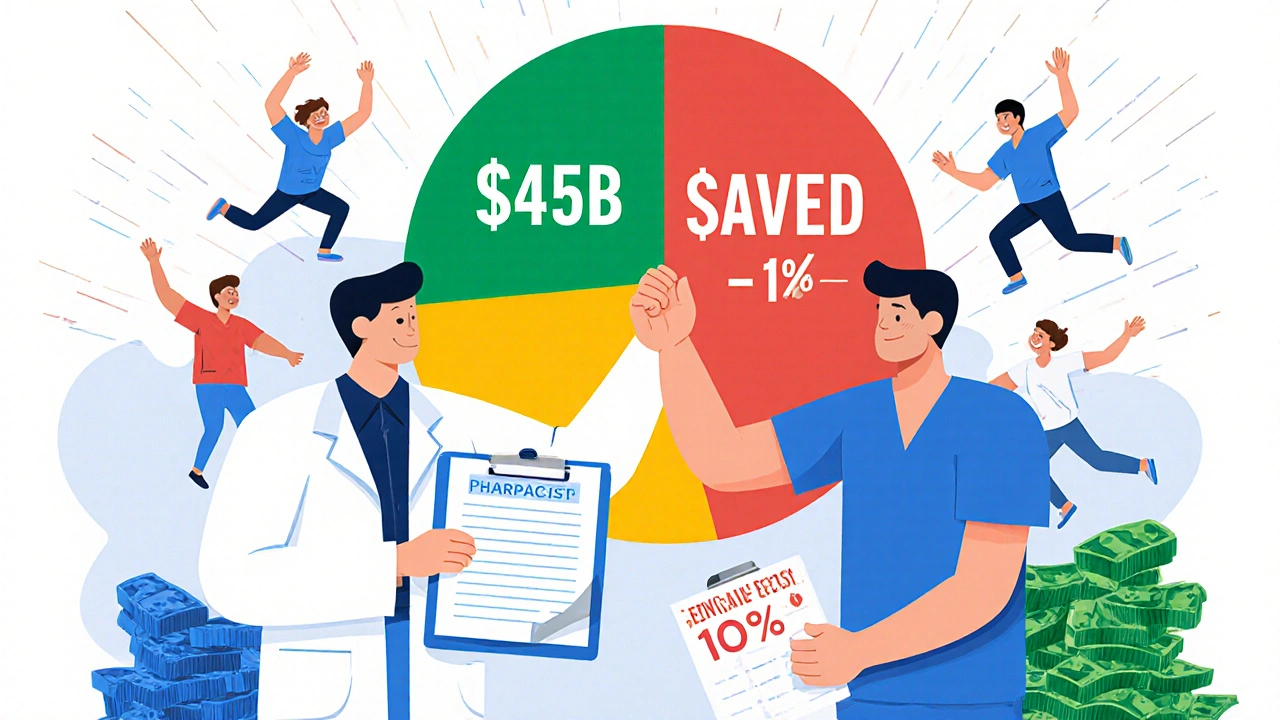 Doctor and pharmacist celebrating with clipboard showing 5B savings, pie chart behind them.