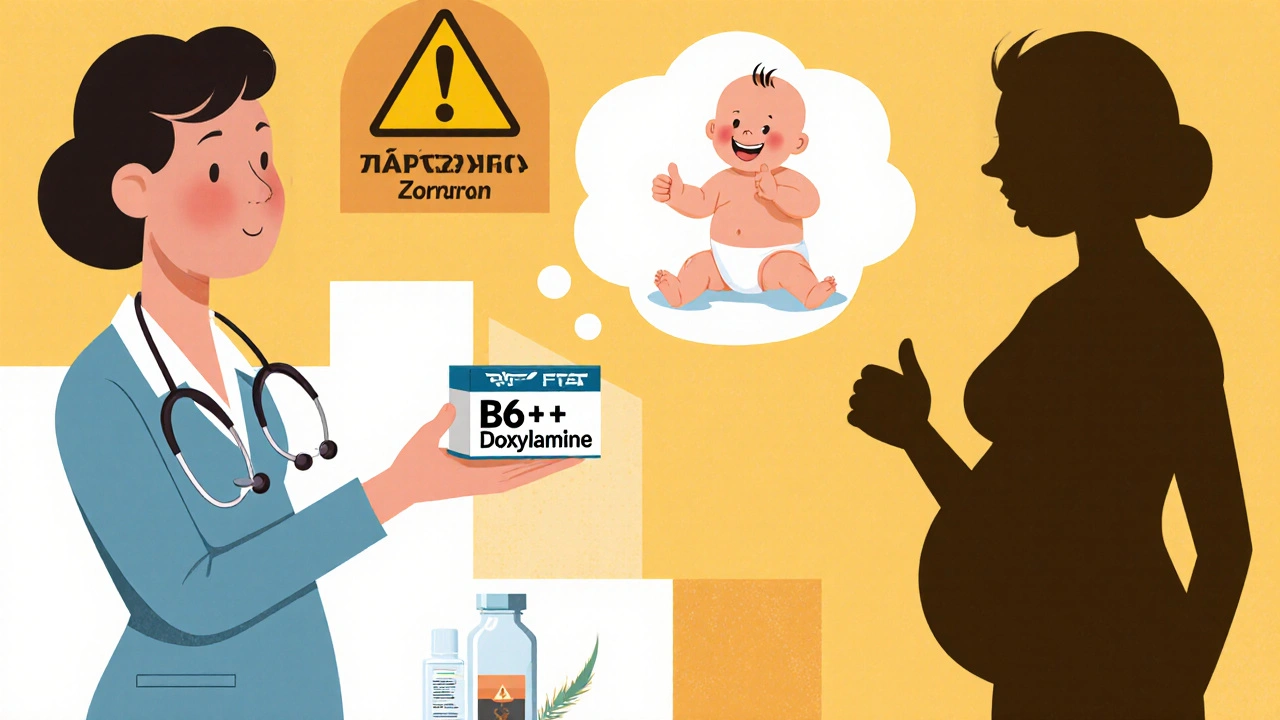 Doctor gives pregnant woman B6 and doxylamine while a baby bubble approves, Zofran shown with caution symbol.