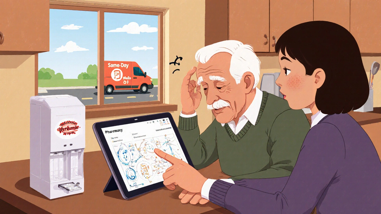 Elderly man struggles with pharmacy app as younger helper guides him, smart dispenser beeps nearby.