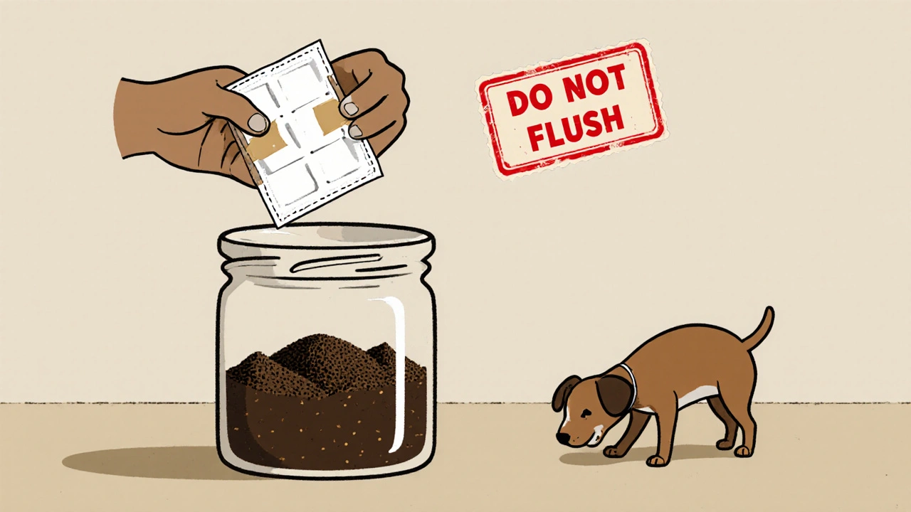 Fentanyl patch folded and sealed in a jar with coffee grounds and cat litter to prevent accidental exposure.