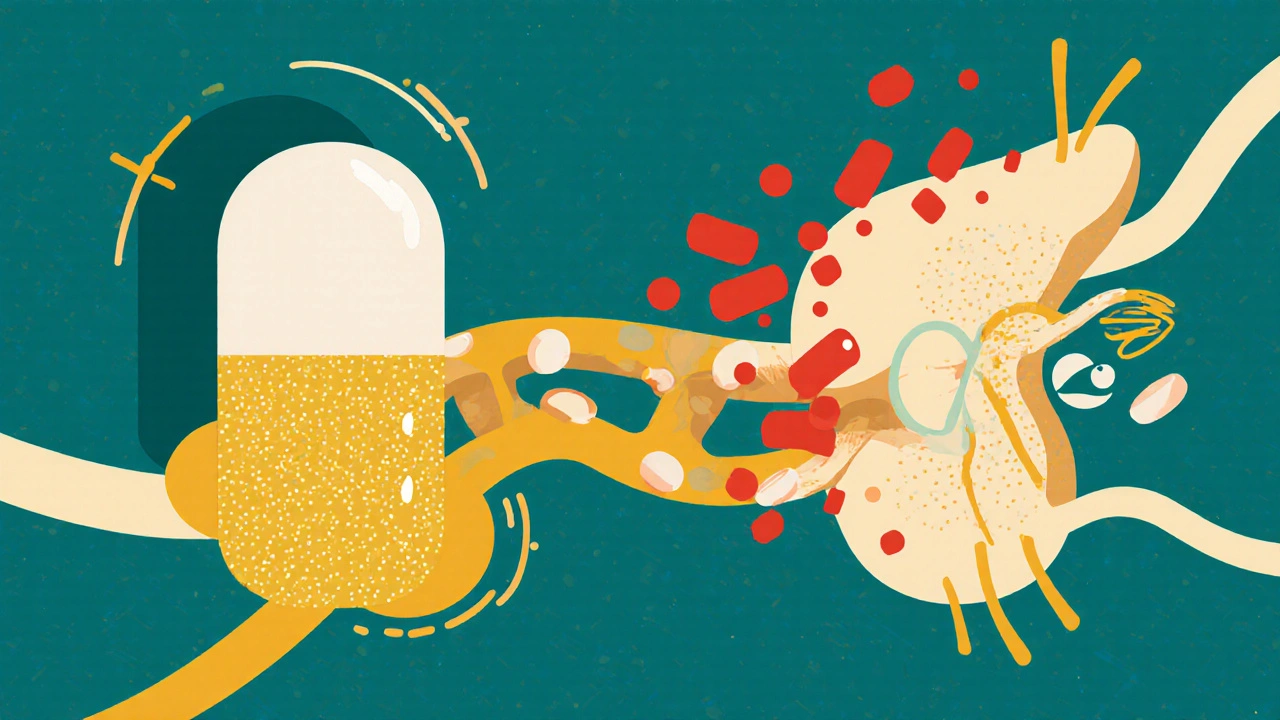 Liver converting a pill into glowing molecules that block histamine particles in the bloodstream.