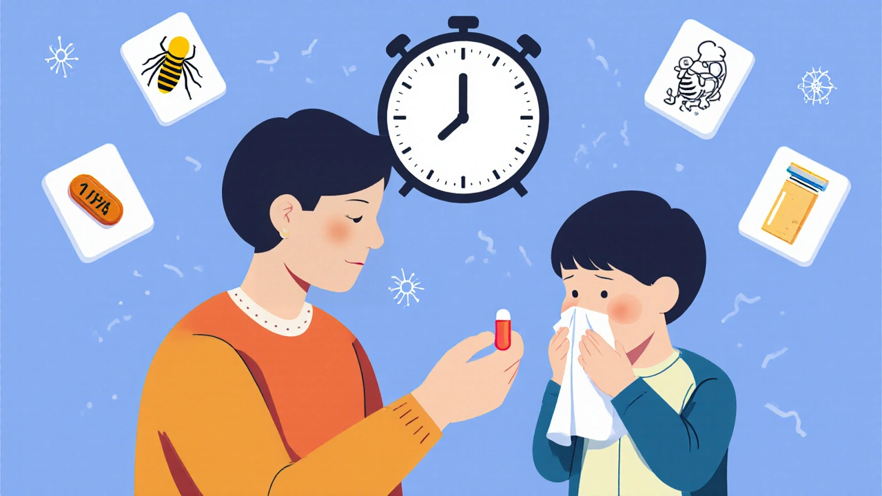Parent giving desloratadine to a toddler while another child sneezes, with time and allergy icons around them.