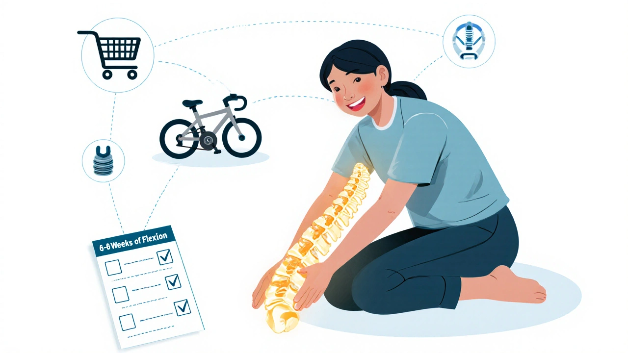 Patient doing seated forward stretch with glowing spine, surrounded by icons of therapy tools and a spinal implant device.
