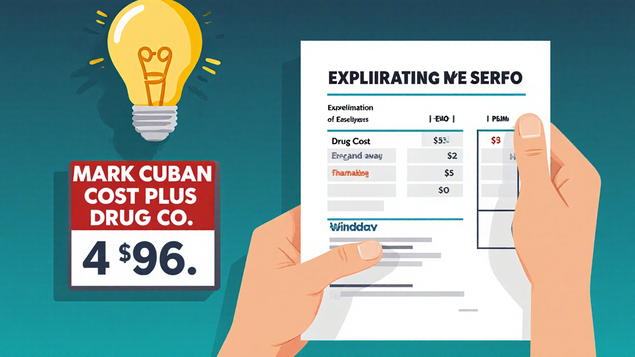 Patient examining a transparent drug cost breakdown, lightbulb above head, with a sign for Mark Cuban&#039;s low-cost pharmacy in background.