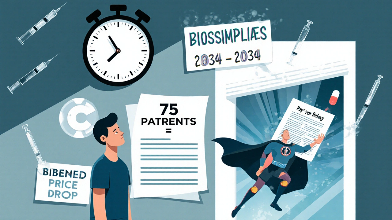 Patient facing patent wall as superhero generic pill flies in, clock ticking to 2034.